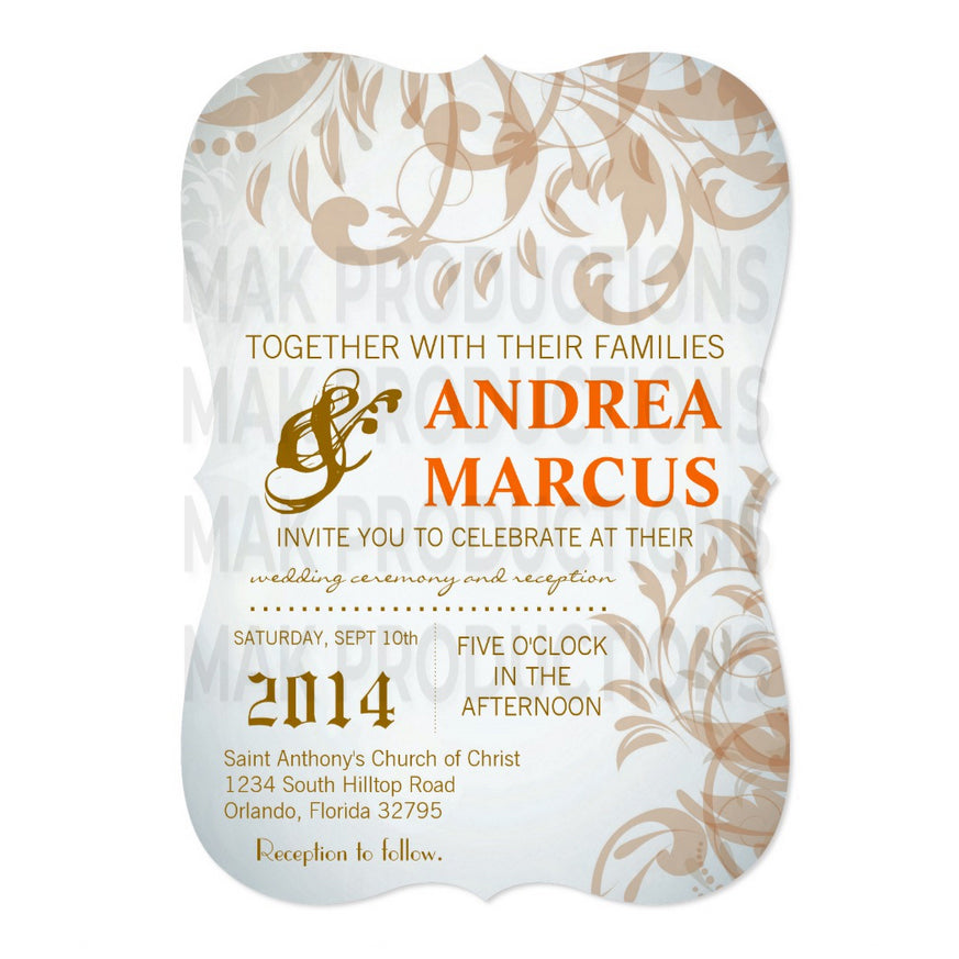 5x7 PRINTED Wedding Invitation - White and Gold Simple Elegant Formal Fleu De Lis Pattern