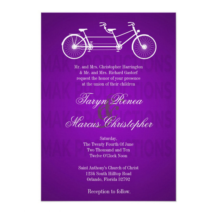 5x7 PRINTED Wedding Invitation - Purple and White Tandem Couples Bicycle