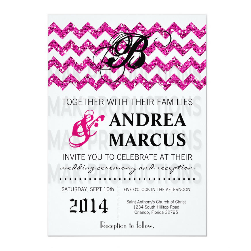 5x7 PRINTED Wedding Invitation - Neon Pink and White Glitter Zig Zag Pattern