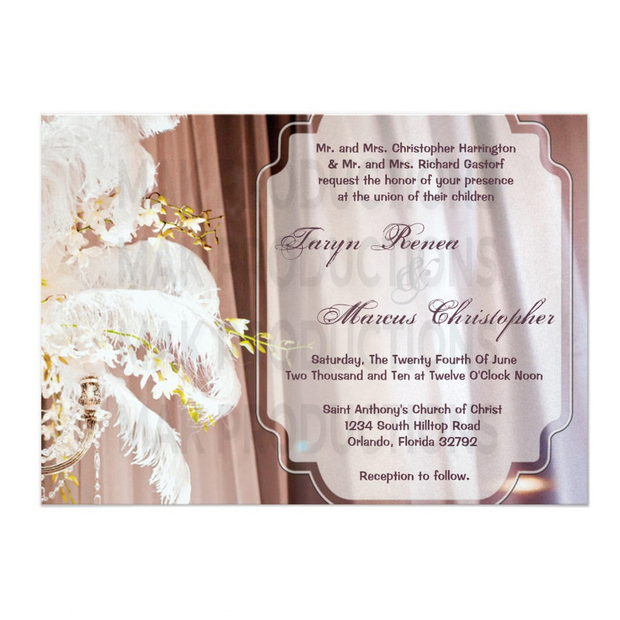 7x5 PRINTED Wedding Invitation - White Simple Elegant Feathers Curtain