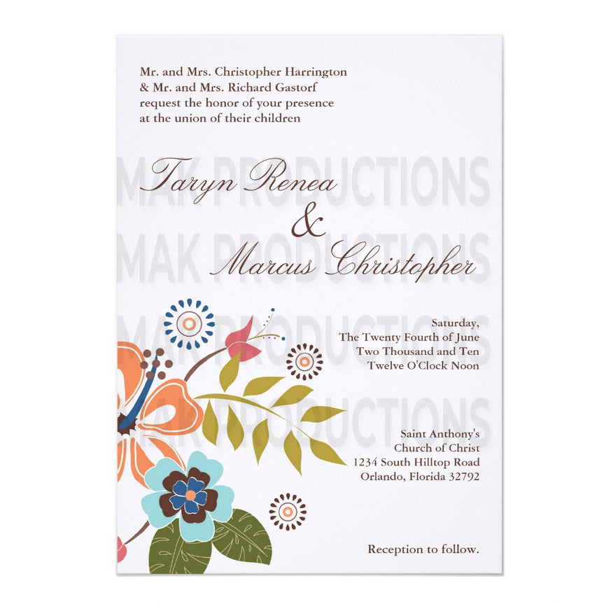 5x7 PRINTED Wedding Invitation - Abstract Colorful Floral Flowers Plant