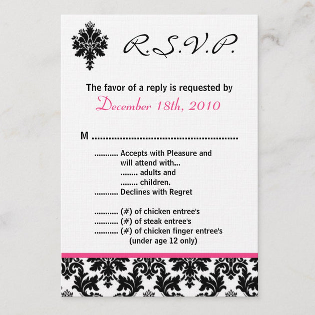 3.5x5 Vertical PRINTED Wedding R.S.V.P. Card - Black, White, and Pink Elegant Floral Damask Tile Pattern