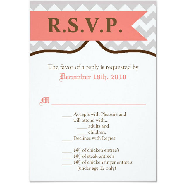 3.5x5 Vertical PRINTED Wedding R.S.V.P. Card - Light Gray and White Zig Zag Stripe Pattern Pink Flag Banner