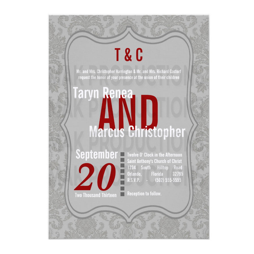 5x7 PRINTED Wedding Invitation - Light Gray and Red Simple Elegant Damask Tile