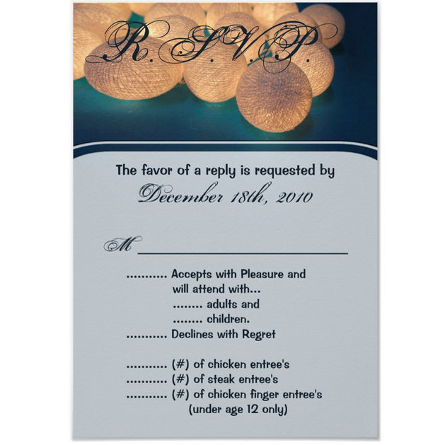 3.5x5 Vertical PRINTED Wedding R.S.V.P. Card - Blue and White Ball Lights Comfort