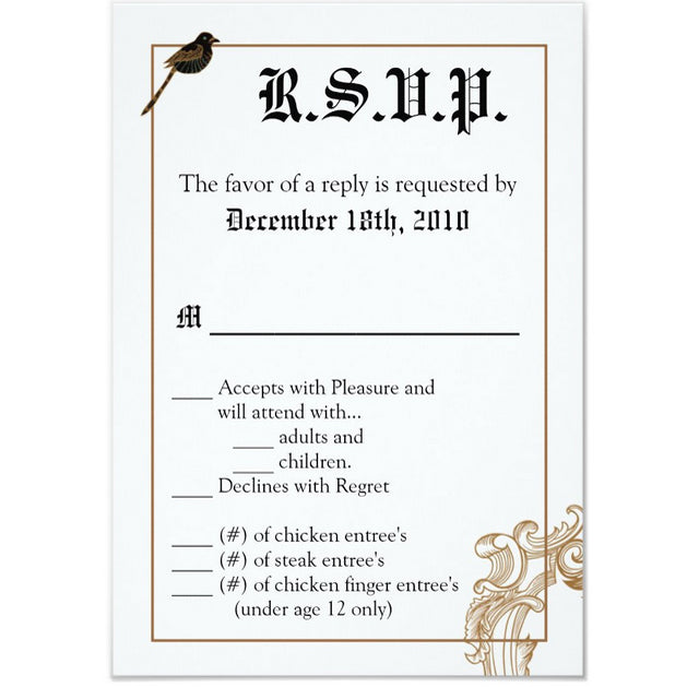 3.5x5 Vertical PRINTED Wedding R.S.V.P. Card - White and Black Fancy Elegant Frame Bird