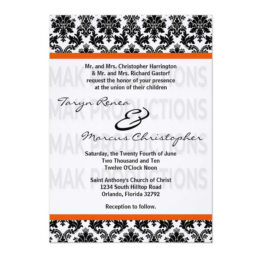 5x7 PRINTED Wedding Invitation - Black, White, and Orange Simple Damask Tile Pattern
