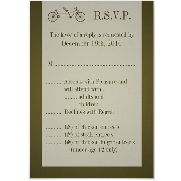 3.5x5 Vertical PRINTED Wedding R.S.V.P. Card - Brown and White Simplistic Couples Tandem Bicycle
