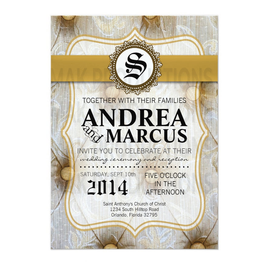 5x7 PRINTED Wedding Invitation - White and Gold Elegant Formal Leather Velvet Couch