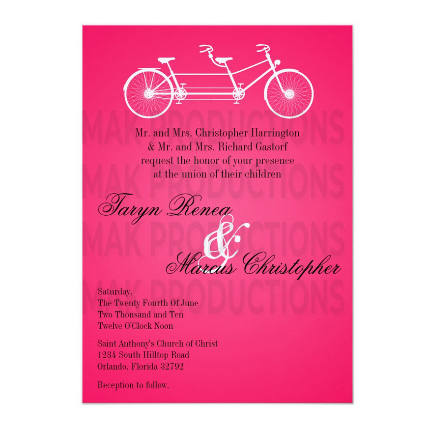5x7 PRINTED Wedding Invitation - Pink and White Tandem Couples Bicycle