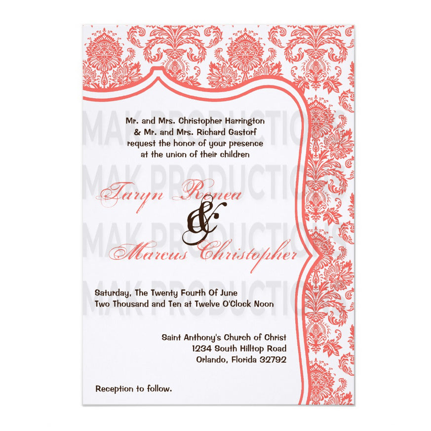 5x7 PRINTED Wedding Invitation - White and Pink Simple Elegant Damask Tile Pattern