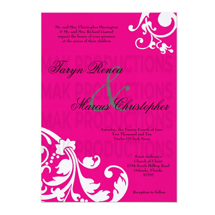 5x7 PRINTED Wedding Invitation - Pink and White Filigree Floral Fancy