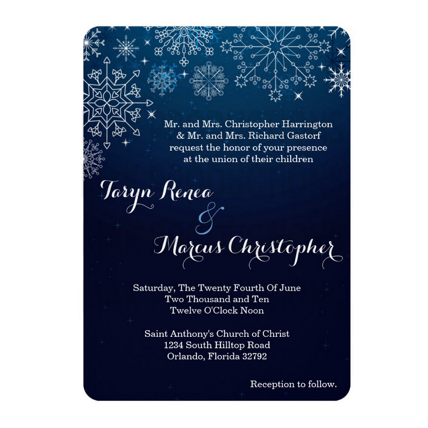 5x7 PRINTED Wedding Invitation - Black and Blue Winter Geometric Snowflakes Ice Snow