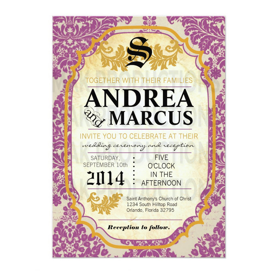 5x7 PRINTED Wedding Invitation - Purple and Gold Damask Tile Pattern