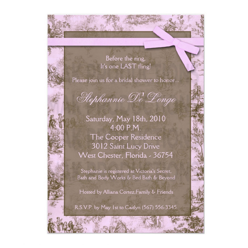 5x7 PRINTED Wedding Invitation - Brown and Pink French Countryside Toile Pattern
