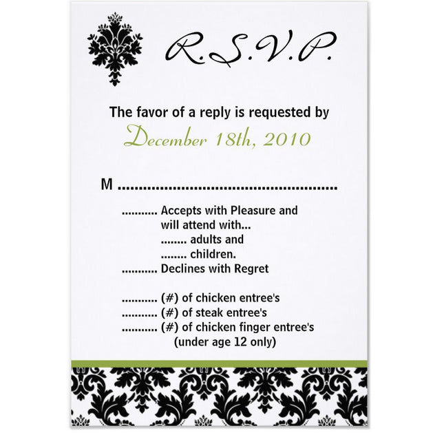 3.5x5 Vertical PRINTED Wedding R.S.V.P. Card - Black, White, and Green Elegant Floral Damask Tile Pattern