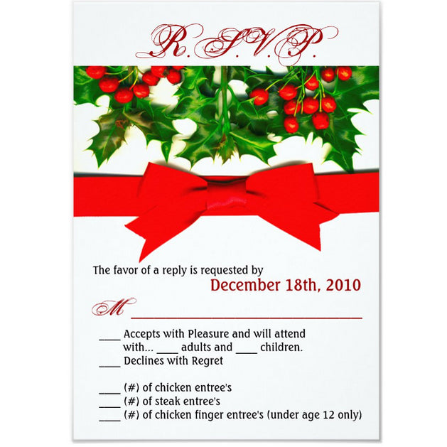 3.5x5 Vertical PRINTED Wedding R.S.V.P. Card - White, Red, and Green Holly Mistletoe Christmas Holiday Bow