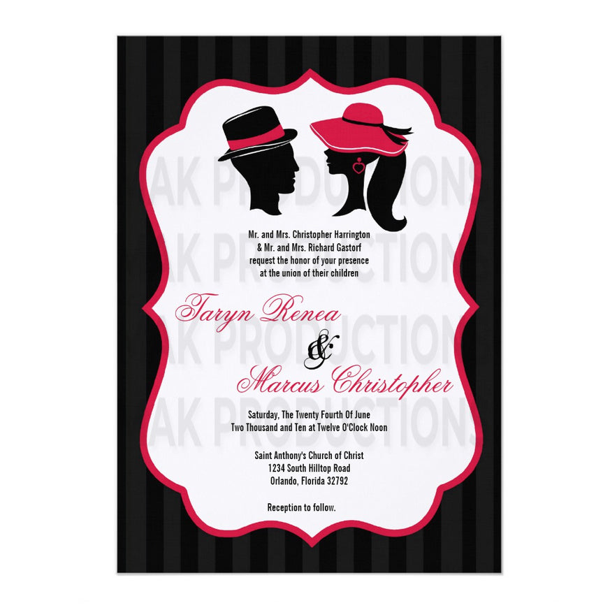 5x7 PRINTED Wedding Invitation - Simple Couple Boutique Couples Heads Hats