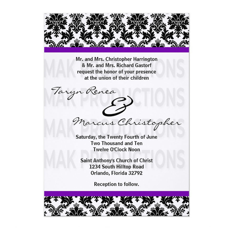 5x7 PRINTED Wedding Invitation - Black, White, and Purple Simple Damask Tile Pattern