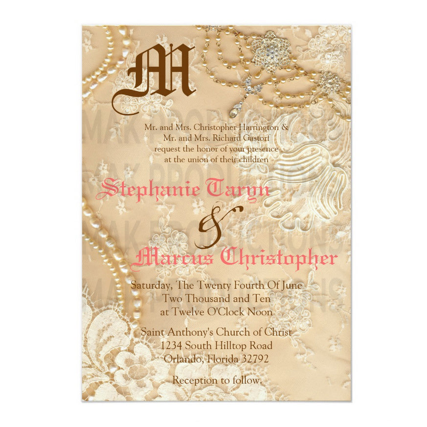 5x7 PRINTED Wedding Invitation - Fancy Elegant Jewelry Pearl Necklace Floral Flower