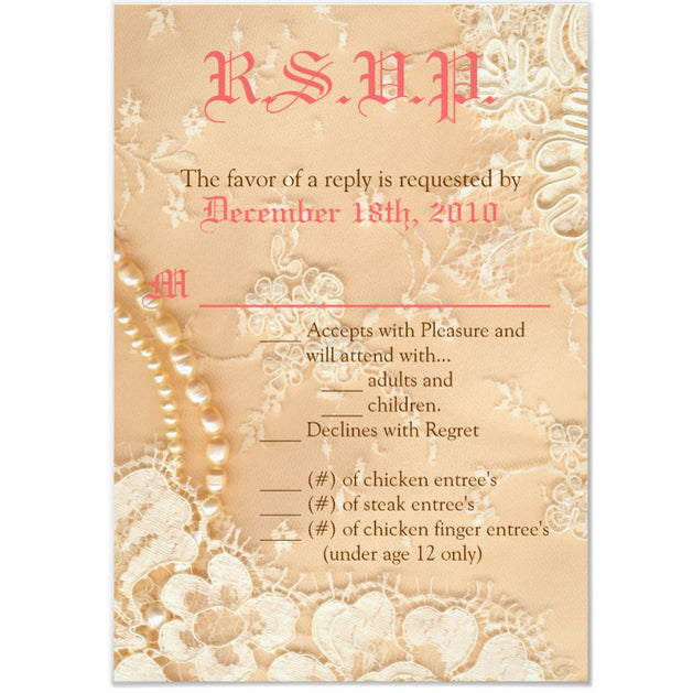 3.5x5 Vertical PRINTED Wedding R.S.V.P. Card - Pink and White Fancy Pearl Floral Flower Lace