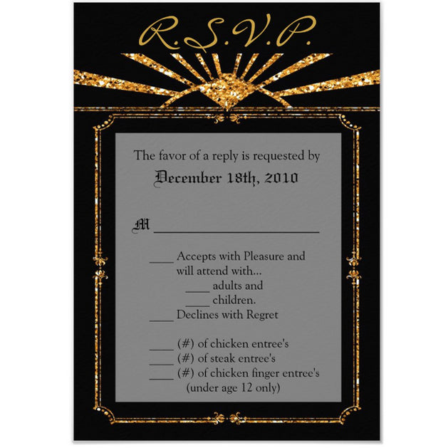 3.5x5 Vertical PRINTED Wedding R.S.V.P. Card - Black and Gold Glitter Geometric Fancy Border