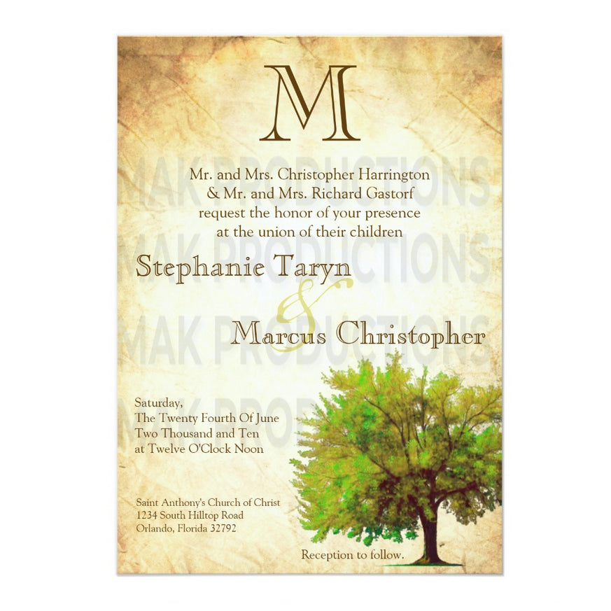 5x7 PRINTED Wedding Invitation - Tan and Green Simple Tree Plant