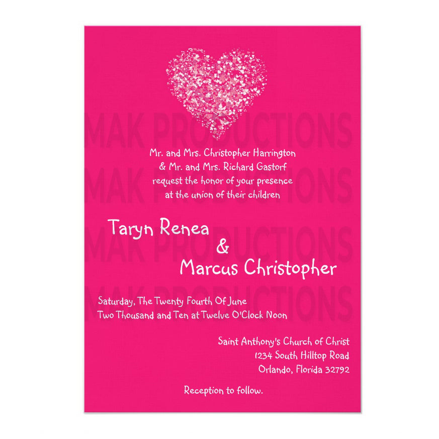 5x7 PRINTED Wedding Invitation - Pink and White Heart Love Glitter Pattern