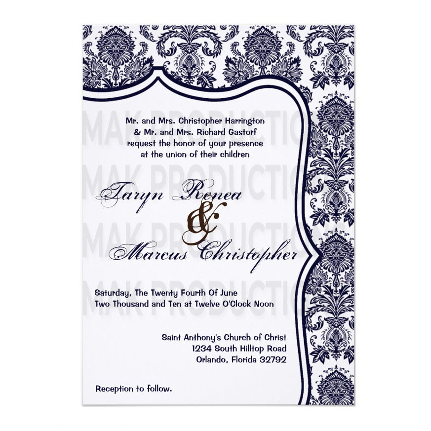 5x7 PRINTED Wedding Invitation - White and Black Simple Elegant Floral Damask Tile Pattern