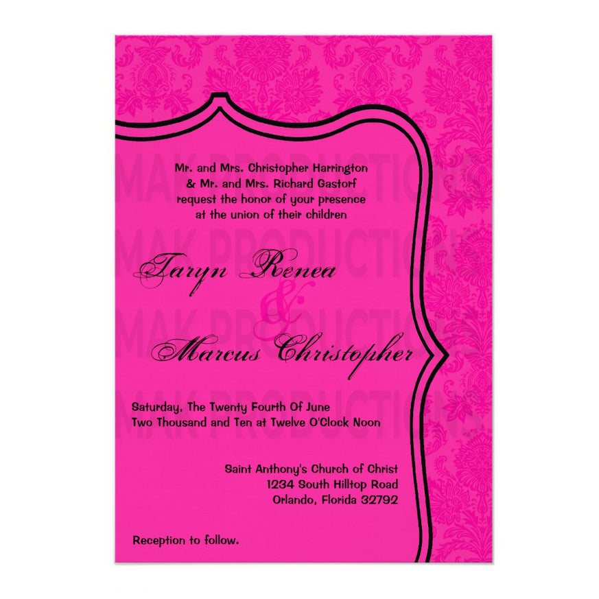 5x7 PRINTED Wedding Invitation - Neon Pink and Black Simple Elegant Damask Tile Pattern