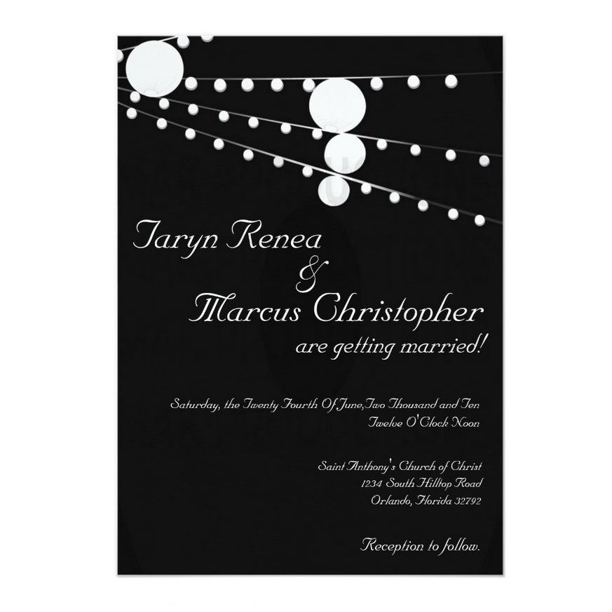 5x7 PRINTED Wedding Invitation - Black and White Simple String Lights