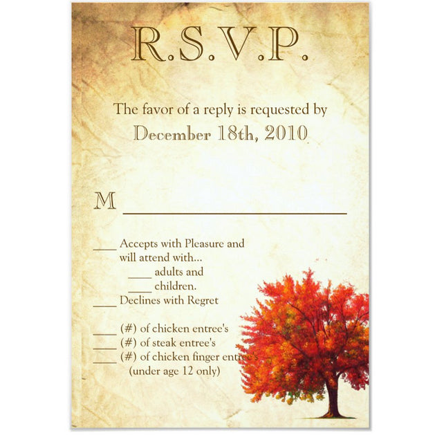 3.5x5 Vertical PRINTED Wedding R.S.V.P. Card - Tan and Red Maple Tree Autumn Fall