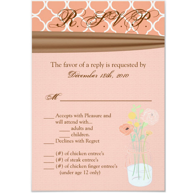 3.5x5 Vertical PRINTED Wedding R.S.V.P. Card - Pink, Brown, and White Country Flowers Vase