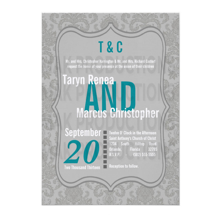 5x7 PRINTED Wedding Invitation - Light Gray and Teal Simple Elegant Damask Tile