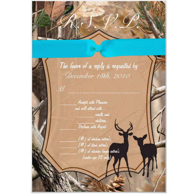 3.5x5 Vertical PRINTED Wedding R.S.V.P. Card - Camo Deer Couple Hunting Buck Doe Blue Bow Ribbon