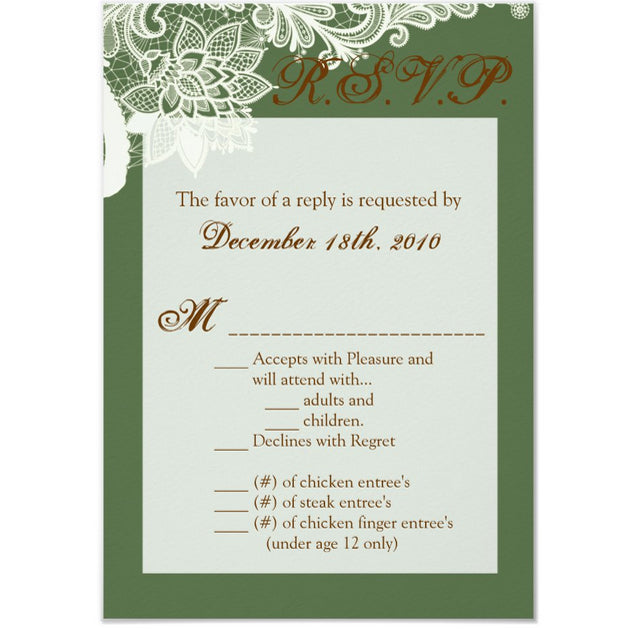 3.5x5 Vertical PRINTED Wedding R.S.V.P. Card - Green and White Floral Filigree Corner Elegant