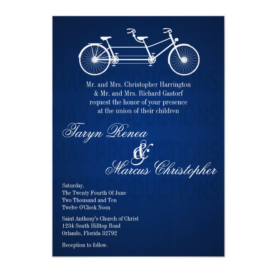 5x7 PRINTED Wedding Invitation - Blue and White Tandem Couples Bicycle