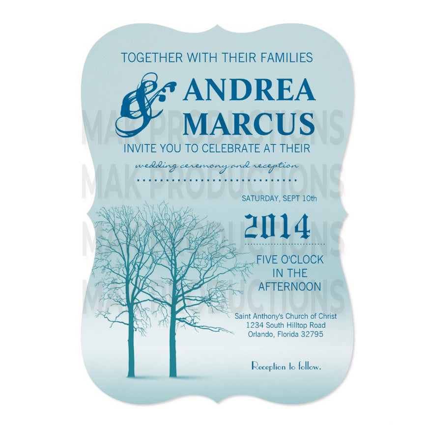 5x7 PRINTED Wedding Invitation - Blue and White Simple Winter Trees Snow