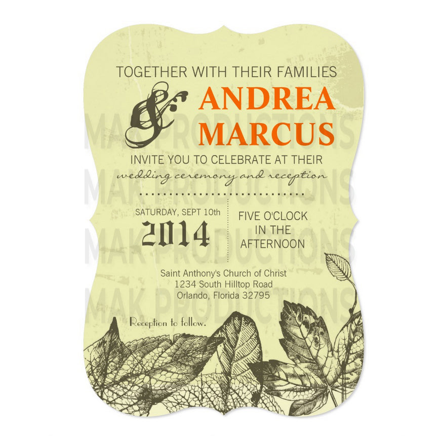 5x7 PRINTED Wedding Invitation - Tan and Black Leaves Pattern Simple