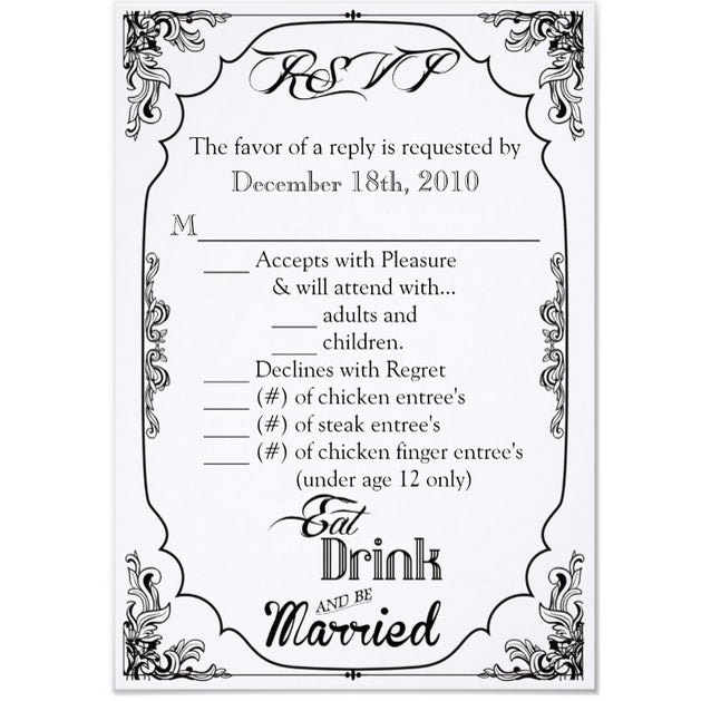 3.5x5 Vertical PRINTED Wedding R.S.V.P. Card - White and Black Formal Elegant Eat Drink Marry Menu