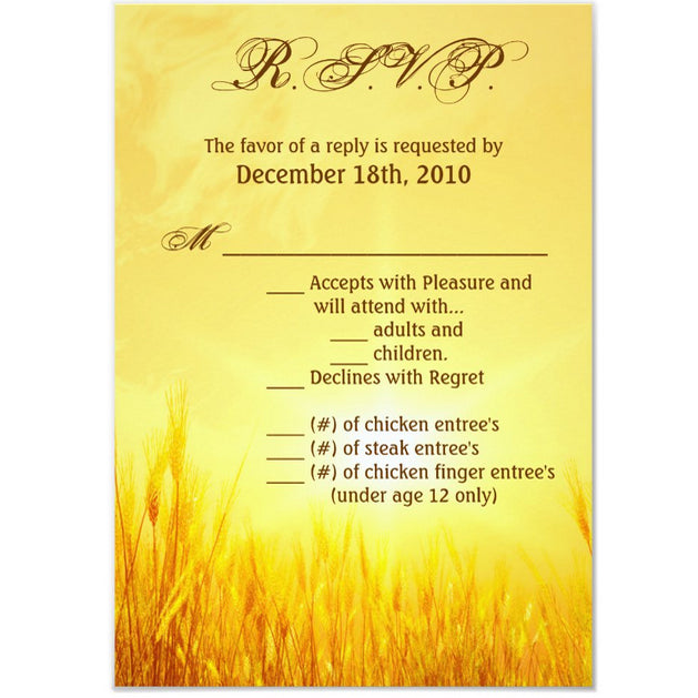3.5x5 Vertical PRINTED Wedding R.S.V.P. Card - Sunset Photograph Wheat Field