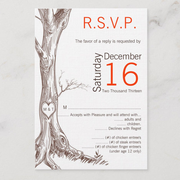 3.5x5 Vertical PRINTED Wedding R.S.V.P. Card - Simple White and Orange Geometric Sketchy Tree