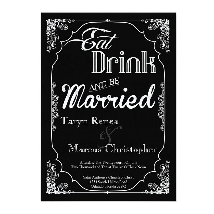 5x7 PRINTED Wedding Invitation - Black and White Eat Drink Get Married Fancy Menu Kitchen