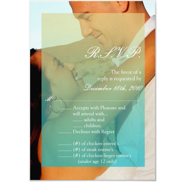 3.5x5 Vertical PRINTED Wedding R.S.V.P. Card - Teal and White Ombre Couples Love Photograph