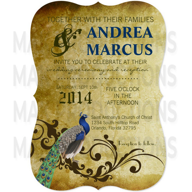 5x7 PRINTED Wedding Invitation - Yellow and Blue Elegant Formal Peacock Bird