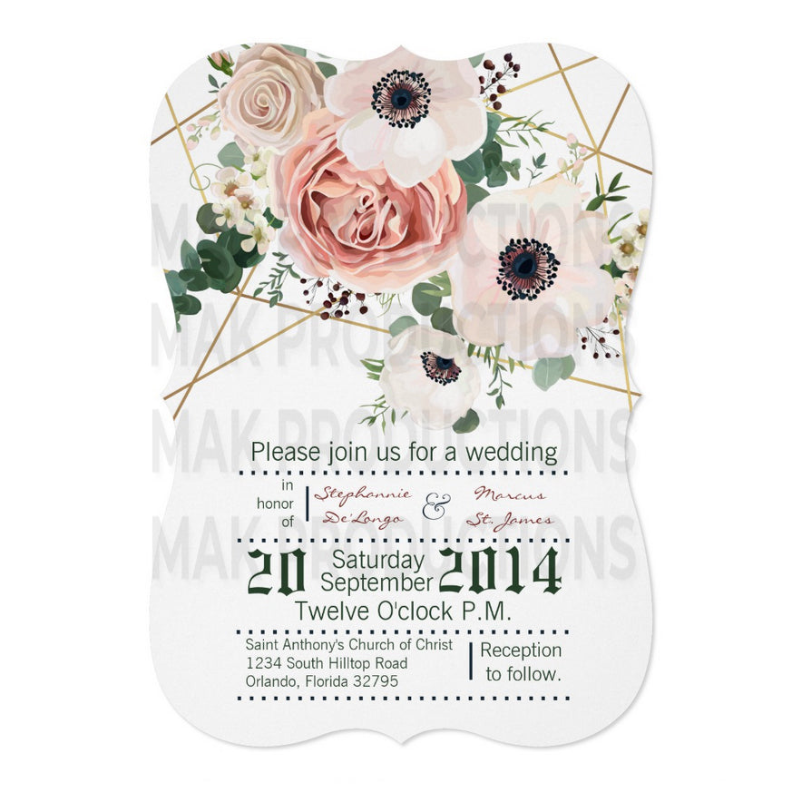 5x7 PRINTED Wedding Invitation - Pink and White Simple Geometric Rose