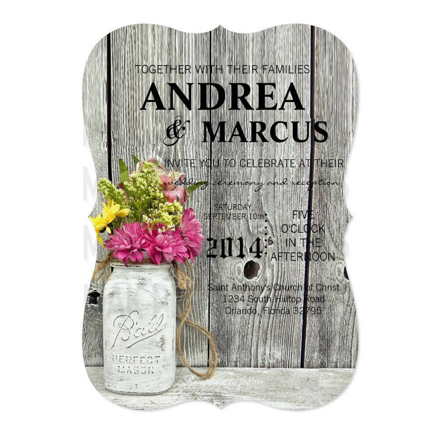 5x7 PRINTED Wedding Invitation - Gray Wood Colorful Floral Flowers Mason Jar