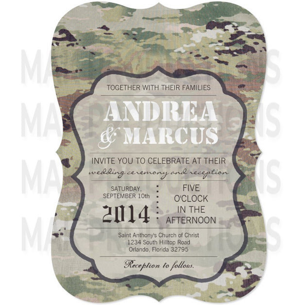 5x7 PRINTED Wedding Invitation - Camo and White Simple Elegant Pattern