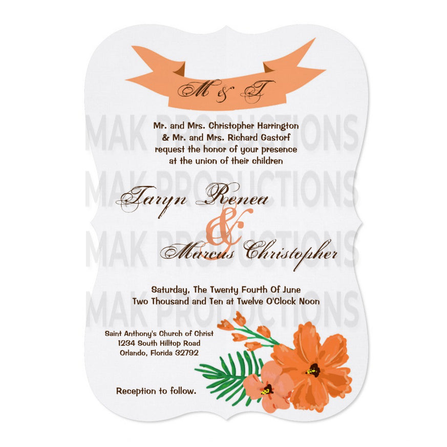 5x7 PRINTED Wedding Invitation - Orange and White Simple Poppy Floral Flowers