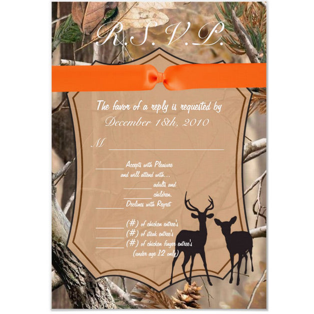 3.5x5 Vertical PRINTED Wedding R.S.V.P. Card - Camo Deer Couple Hunting Buck Doe Orange Bow Ribbon